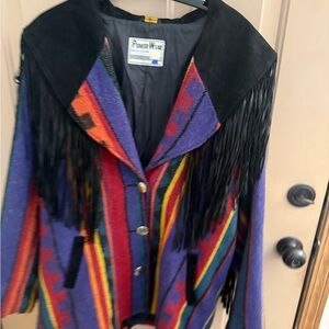 PIONEER Multicolor Southwestern Fringe Utility Jacket with Black Collar Vintage.
